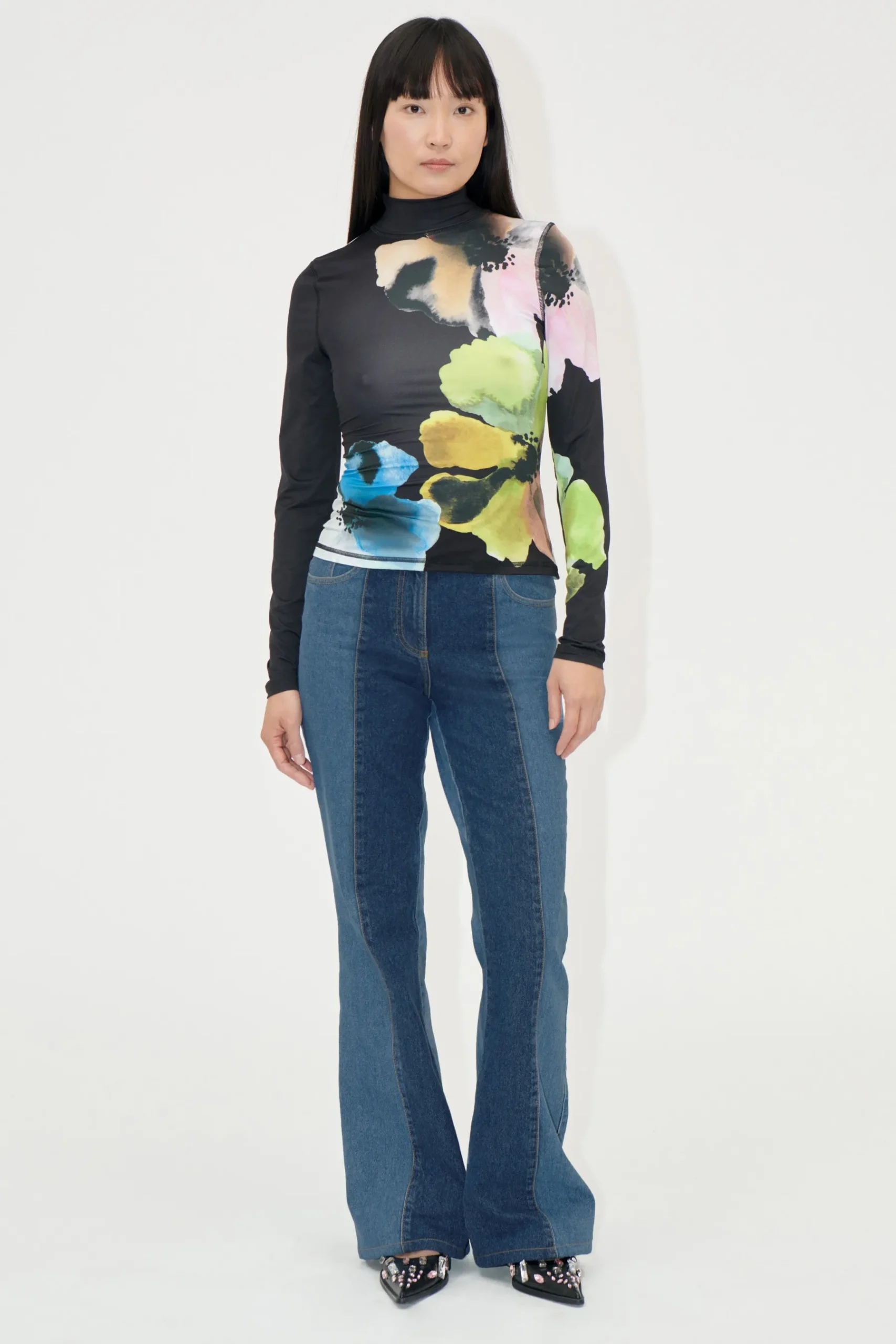 STINE GOYA Elastic High Neck Collared Top - Watercolor Bloom Maxi WatercolorBloomMaxi New