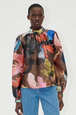 STINE GOYA Gathered Long Sleeve Top - Aquarelle Garden AquarelleGarden Flash Sale