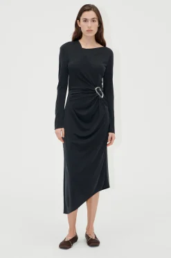 STINE GOYA Long Sleeve Midi Dress With Fixed Buckle - Jet Black JetBlack Shop