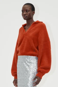 STINE GOYA Long Sleeve V Neckline Collar Jumper - Red Ochre RedOchre Discount