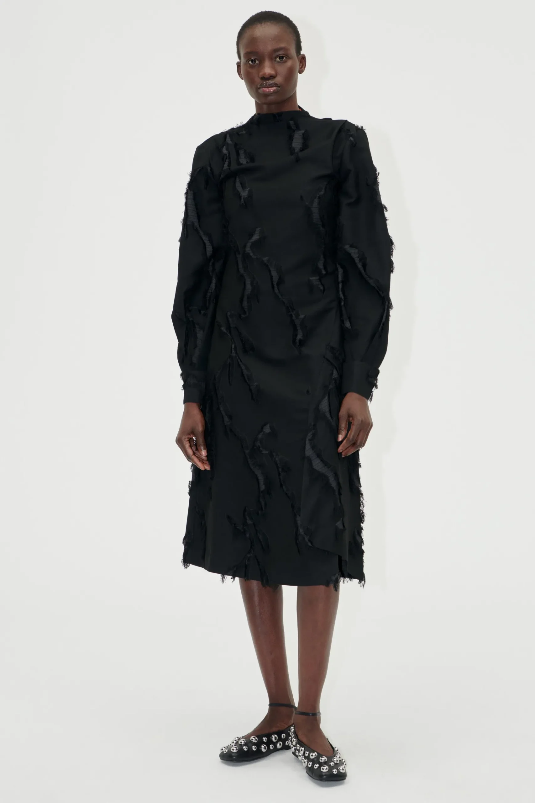 STINE GOYA Shoulder Pleated Long Dress - Jet Black JetBlack New