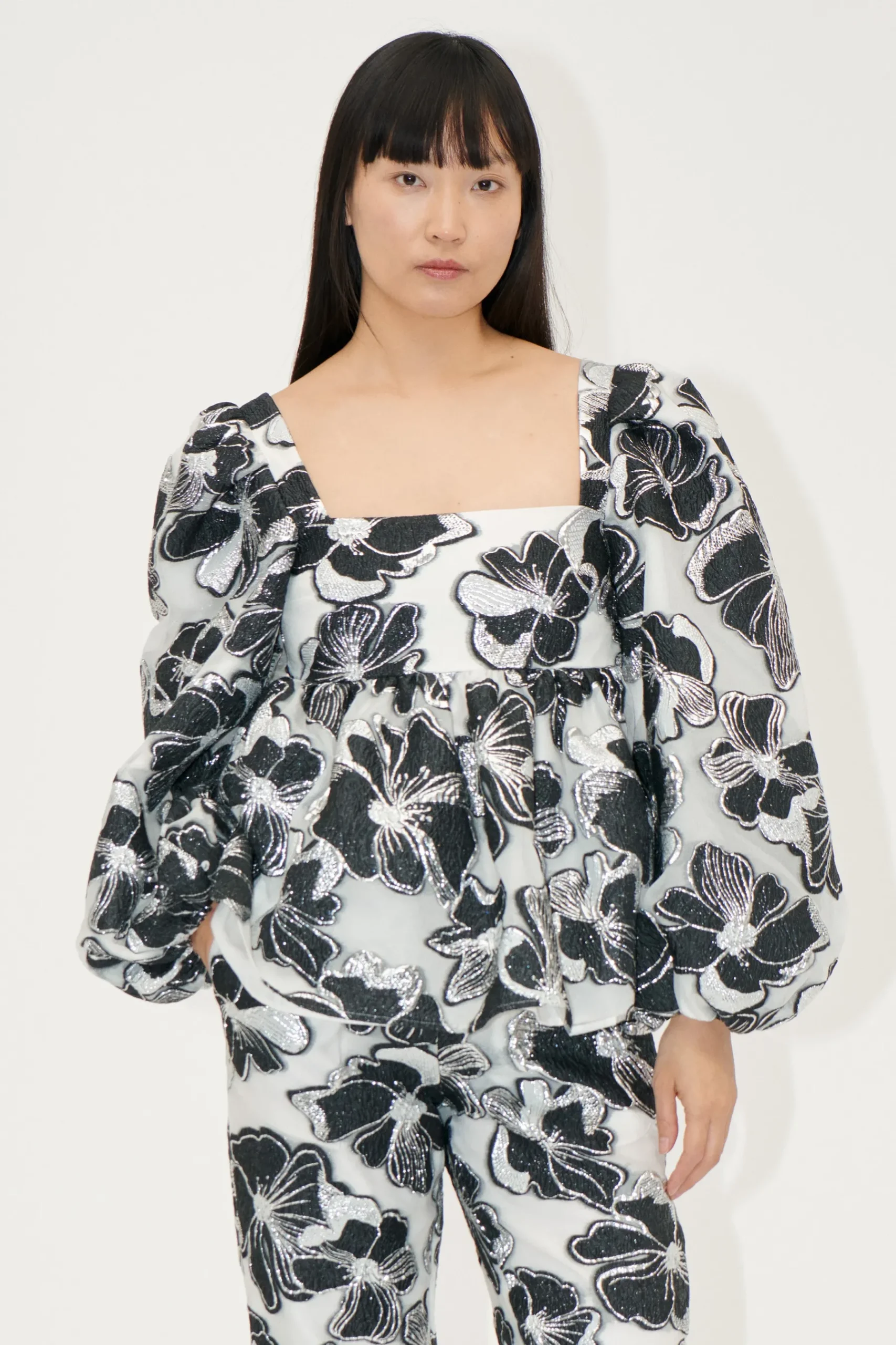 STINE GOYA Square Neck Long Sleeve Top - Anemone Jacquard AnemoneJacquard Sale