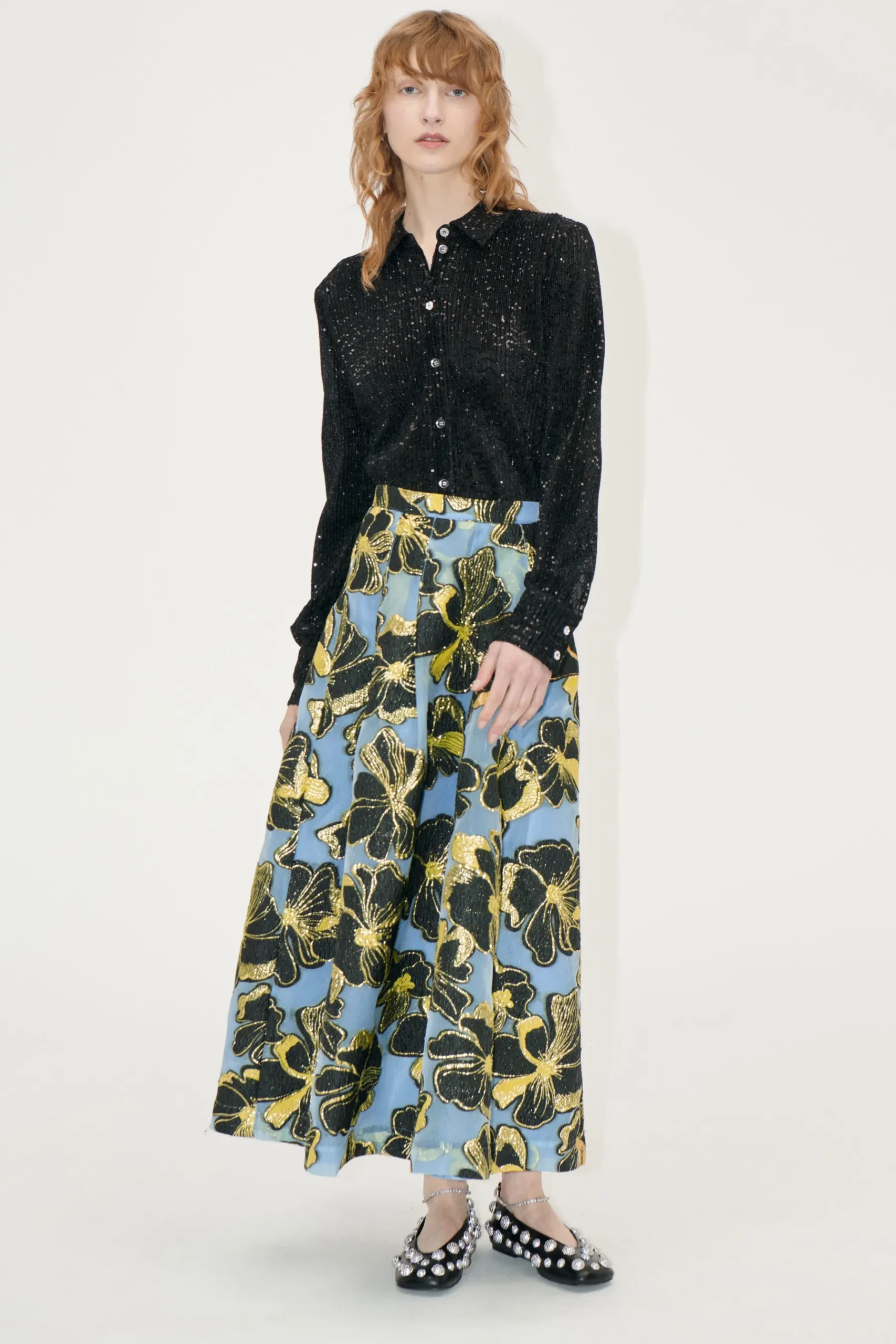 STINE GOYA Voluminous Midi Skirt - Blue Anemone Jacquard BlueAnemoneJacquard Best