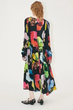 STINE GOYA Voluminous V Neck Midi Dress - Watercolor Bloom WatercolorBloom Store