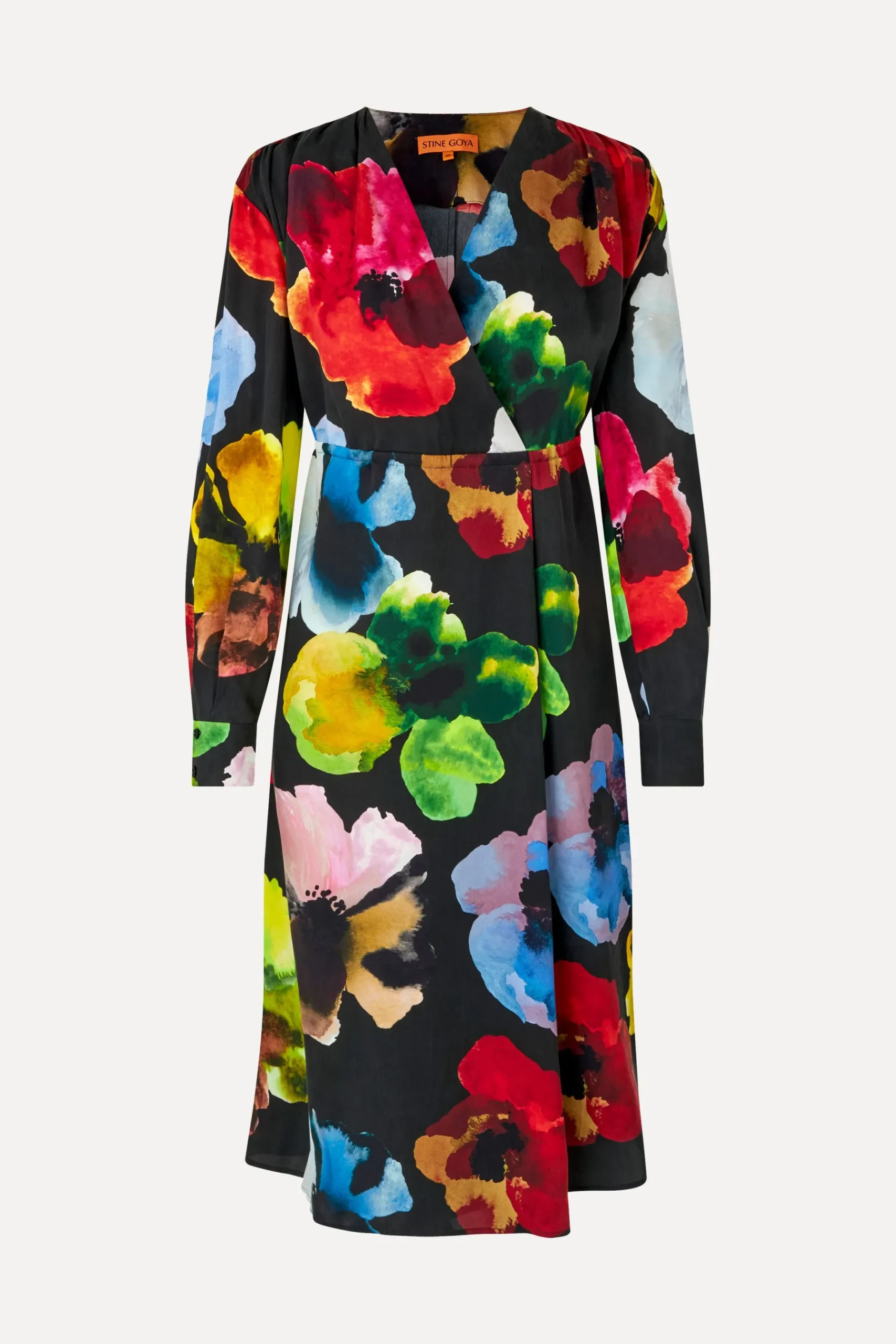 STINE GOYA Voluminous V Neck Midi Dress - Watercolor Bloom WatercolorBloom Store